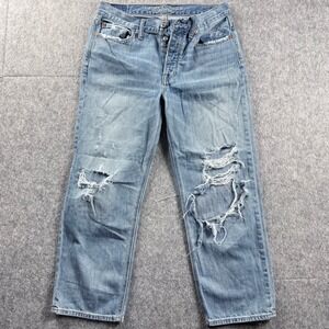 American Eagle Distressed Straight Leg Jeans Blue Light Wash Button Fly Size 8